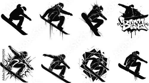 Graffiti snowboard vector, freestyle jump silhouettes, extreme winter sport illustration, dynamic splash elements, aerial trick poses, black-and-white action design, EPS artwork