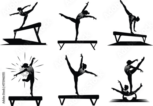 Gymnast silhouettes on apparatus, balance beam poses, athletic movement, partner routine, flexibility, strength, vector icons, black illustration, sports elegance, 