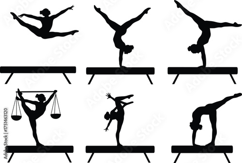 Gymnast silhouettes on balance beam, athletic poses, flexibility, strength, artistic movement, sports vector, black icons, isolated illustration, competitive gymnastics, elegant form