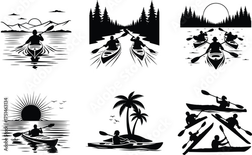 Kayaking adventure silhouettes on lakes, rivers, and tropical waters, sunset scenes with paddlers, nature landscape vector illustration, outdoor recreation design