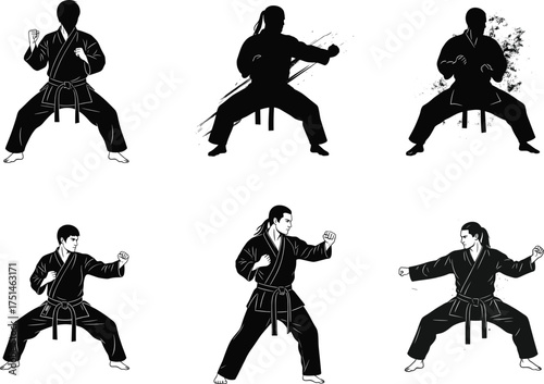 Karate silhouette and realistic martial artist poses, black belt fighters in action, traditional gi stances, brush stroke style, combat movement illustration