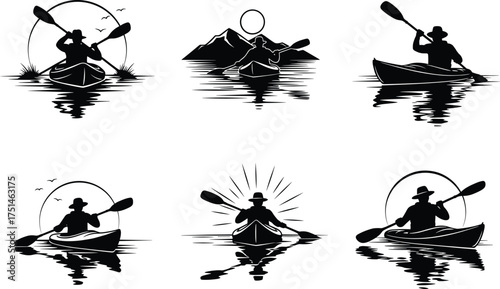 Kayaking silhouette, outdoor adventure, nature scene, mountain lake, sunrise, sunset, water sport, wilderness, reflection, paddling, birds, scenic landscape, vector art