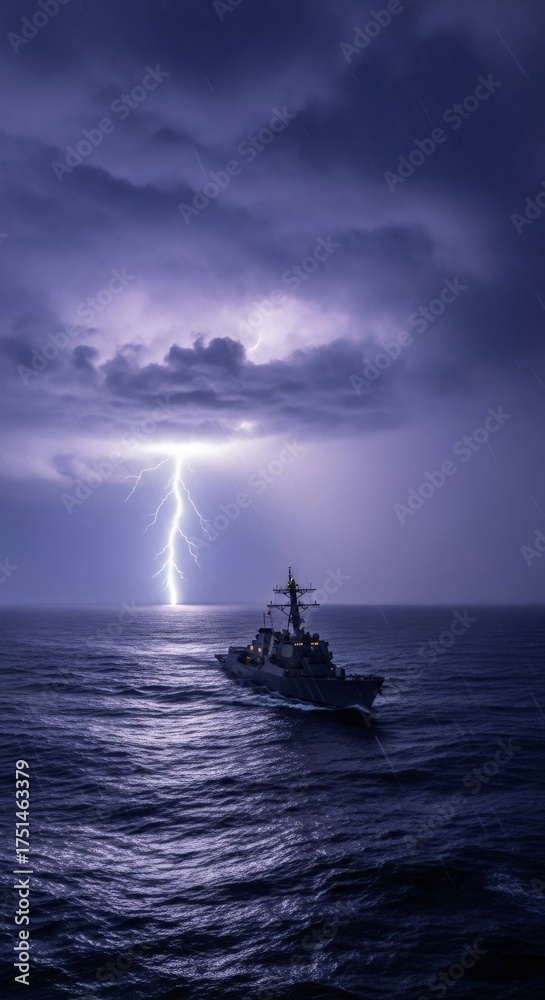 Obraz premium A naval destroyer warship sailing in a storm on rough sea with lightning and dark clouds. Military naval vessel at sea during bad weather.