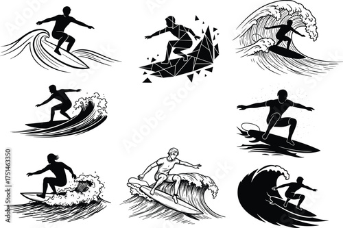 Surfer silhouette vector, black-and-white wave riders, dynamic ocean sport poses, artistic surfing illustration, splash motion design, extreme water action, EPS graphic set