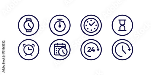 Modern collection of time and clock icons design with stopwatch wristwatch hourglass alarm timer wall clock isolated vector illustration for scheduling concepts