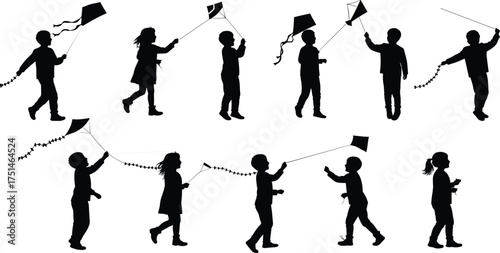 Children flying kites silhouette, kids playing outdoors in summer, joyful childhood fun, happiness, outdoor recreation, carefree movement and freedom illustration