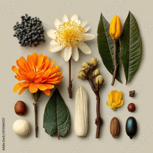 Indigenous medicinal flower documented in flat lay isolate