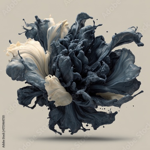 Ink-splash flower forming shape mid-air, surreal composition