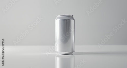 A blank metallic beverage can mockup on a glossy surface, advertising and product presentation