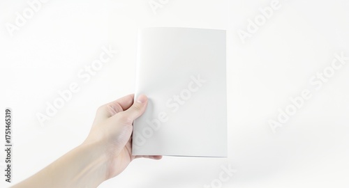 A hand holding a blank white booklet