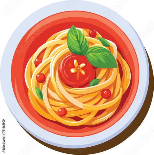 Delicious plate of spaghetti with tomato and basil garnish
