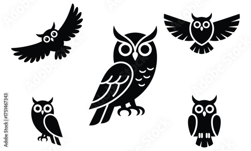 Black owl silhouettes set isolated on white background for design and decoration
