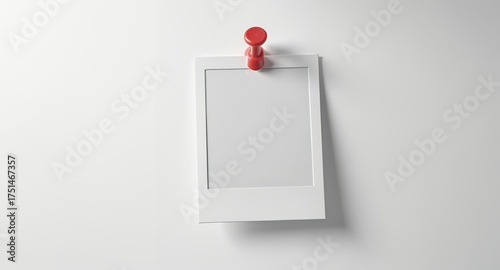 Blank picture frame with a red push pin on a white background