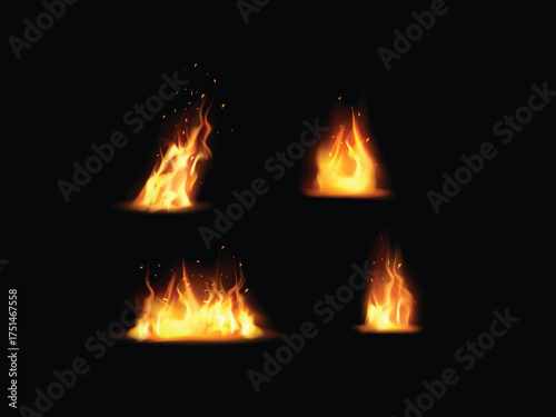 Realistic burning fire flames isolated on background, blazing hot red and orange flames, powerful heat effect, glowing fiery energy element, vector illustration for decoration and design