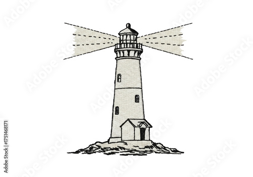 Embroidered Lighthouse Beacon House Black White Stitching