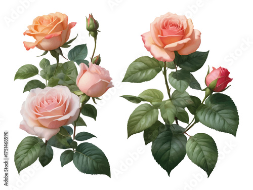Pink roses bloom softly stacked in graceful vertical layers in watercolor style convert to vector