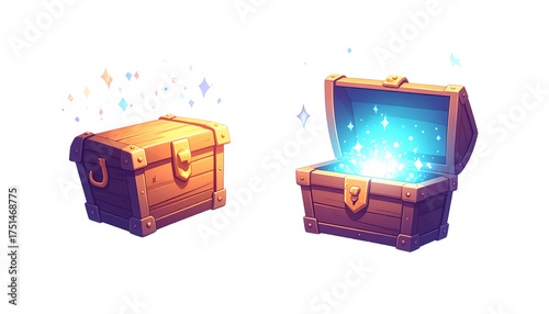 Closed Wooden Treasure Chest and Open Chest Glowing with Blue Magic Light