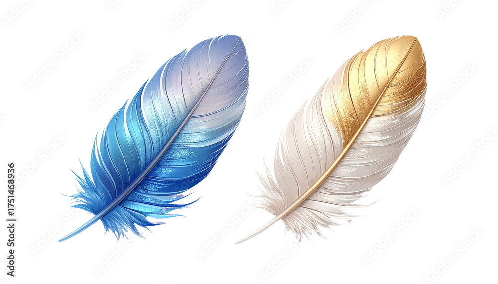 Obraz premium Two Fantasy Feathers in Light Blue and Golden White for Writing, Magic or Decoration