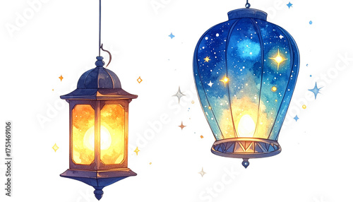 Hanging Blue and Gold Arabian or Moroccan Ramadan Lantern with Glowing Light