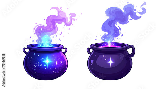 Two Magic Witches Cauldrons Bubbling with Purple and Blue Potion and Mystical Smoke