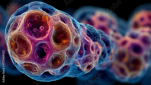 Multicellular organoid with hollow chambers illustrating coordinated growth and metabolic exchange, representing regenerative medicine and the concept of engineered living systems.
