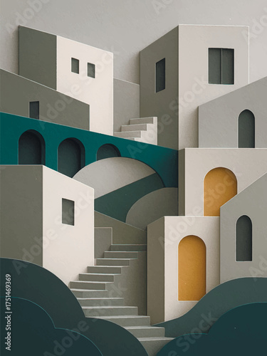 3d geometric abstract paper cut style illustration of a Mediterranean village with stairs, arches and architectural shapes in subtle grey, teal and terracotta colors. 3D vector design.