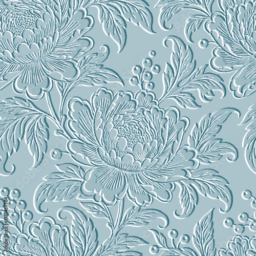 Beautiful 3d seamless floral pattern with relief peonies and berries. Luxury textured light blue vector background with surface emboss flowers. Endless texture with a striking 3D embossed effect.
