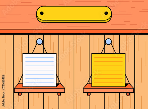 Wooden board background with hanging note papers on small shelves vector illustration
