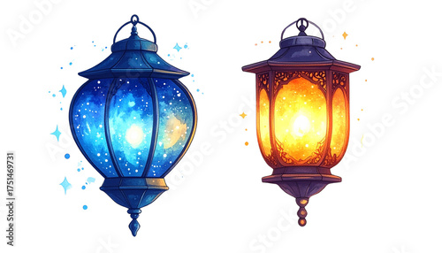 Tiny mystical lantern pair with curling smoke isolated on transparent background.