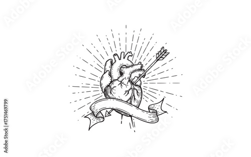 Anatomical Heart Pierced by Arrow with Banner and Light Rays