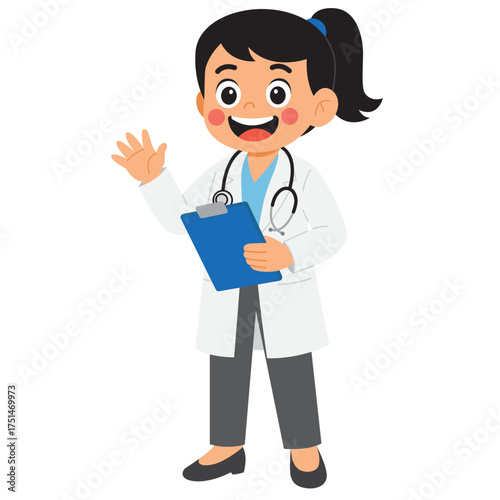 Doctor waving with clipboard, suitable for healthcare presentations or medical websites, black background adds professional look to your design
