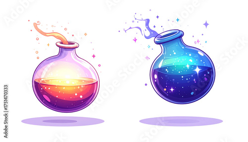 Floating potion duo with mist isolated on transparent background.