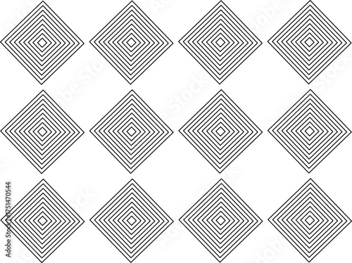 Geometric seamless pattern of concentric diamond shapes forming an abstract optical illusion design in black and white, perfect for backgrounds and textiles.
