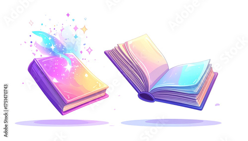 Fantasy Magic Spell Books Glowing with Stars and Light in an Open and Closed Position