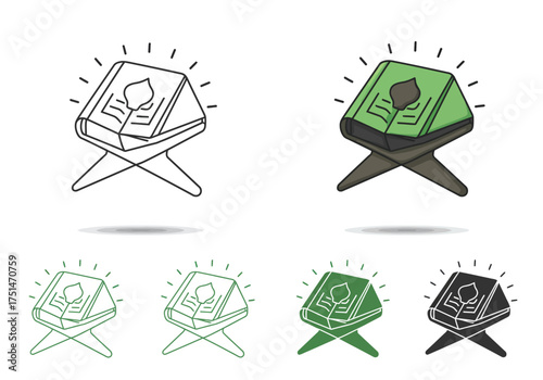 A set of vector icons depicting a sacred Islamic book, likely the Quran, open on a traditional rehal stand with radiating spiritual light.