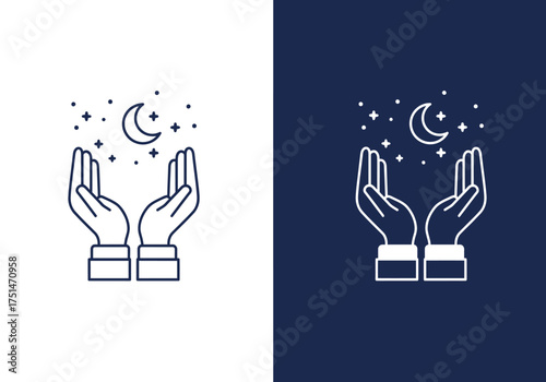 Minimalist line art illustration depicting cupped hands gently holding a crescent moon and sparkling stars, shown in both light and dark versions.