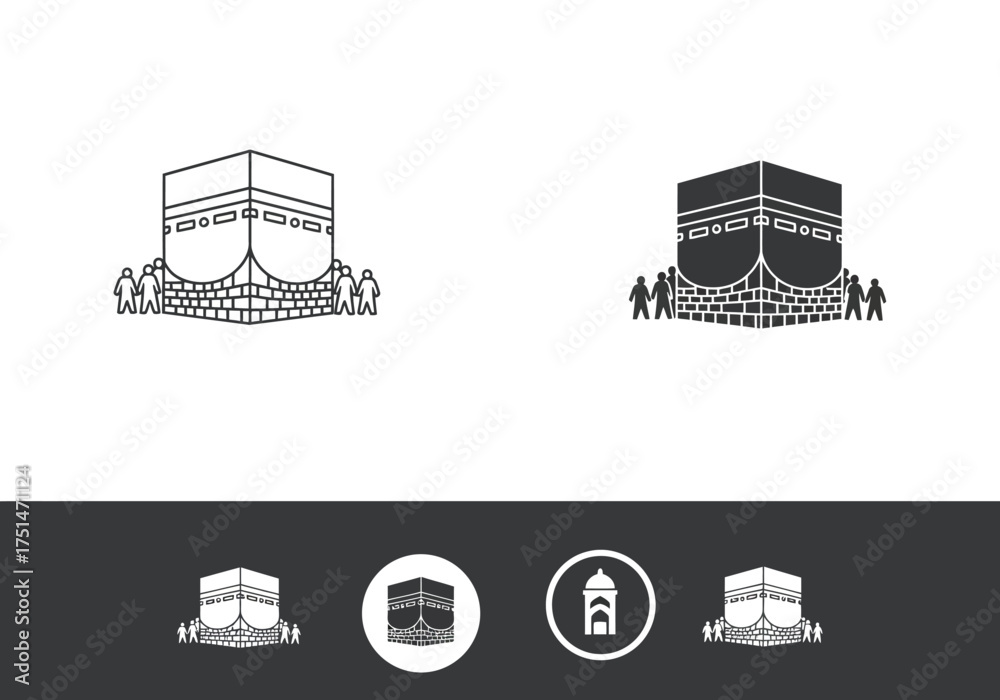 Naklejka premium Stylized vector icons depicting the sacred Kaaba in Mecca with pilgrims, presented in both outline and solid fill variations.