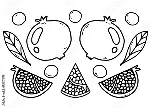 Black and white illustration featuring pomegranates, leaves, and seeds arranged symmetrically.