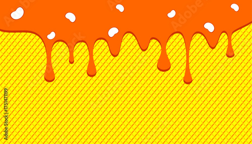 Dripping honey illustration. Honey dripping on waffle pattern background. Dripping ice cream illustration. Dripping syrup  illustration.