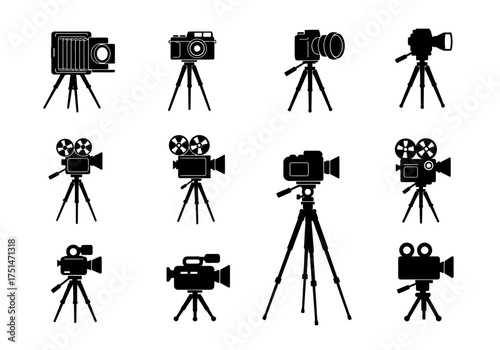 A collection of professional and retro cameras with tripods and photography equipment isolated on white background