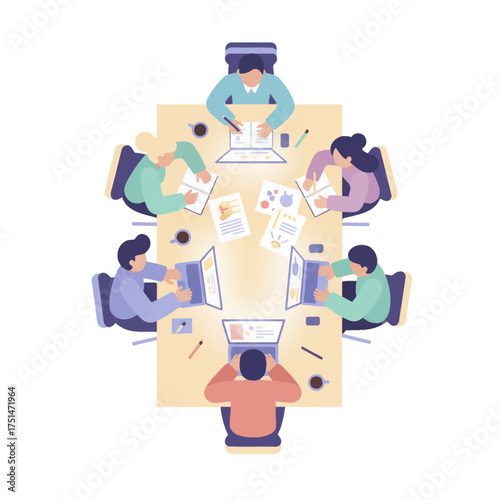 Top view roundtable with analytics team at work. Overhead shot of data-driven meeting session. Flat lay of coworkers sharing reports and laptops. Strategy roundtable for metrics and growth