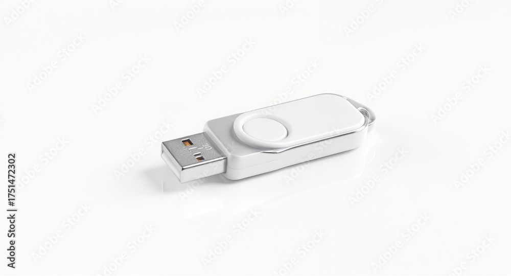 Fototapeta premium Modern white USB flash drive isolated on a clean white background, perfect for data storage and technology concepts.