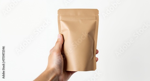 Packaging Bag Mockup Held in Hand Against a White Background