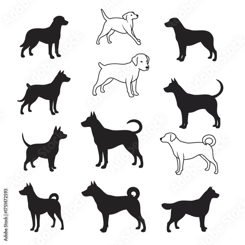 Diverse dog silhouettes collection various breeds poses animal art graphic design element isolated on white background Vector Illustration