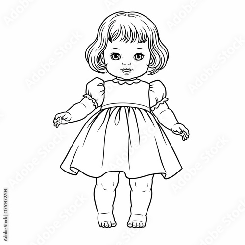 Charming vintage doll outline drawing perfect for coloring and creative projects isolated on white background Vector Illustration