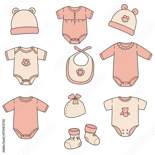 Adorable baby clothing collection featuring onesies bibs hats and socks for newborn essentials isolated on white background Vector Illustration
