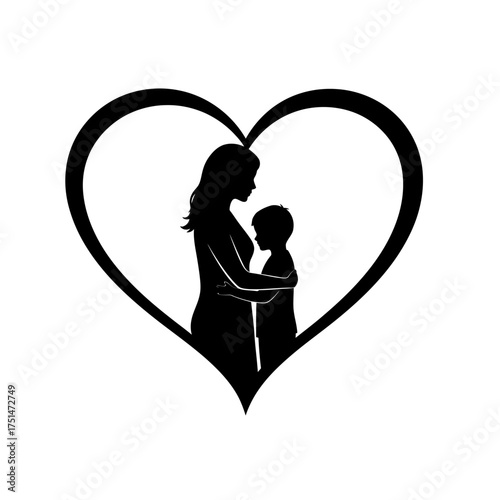 Loving silhouette of mother embracing child inside a heart shape symbolizing maternal love and family bonds isolated on white background Vector Illustration