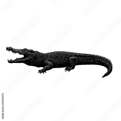 Detailed black alligator silhouette with mouth open and sharp teeth on isolated on white background Vector Illustration