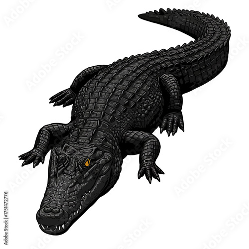 Detailed realistic black alligator sculpture viewed from above dramatic powerful reptile animal art isolated on white background Vector Illustration