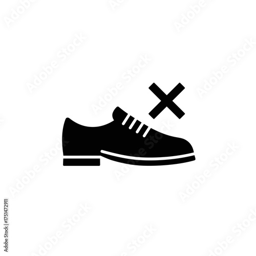 Black oxford shoe icon with red cross symbol indicating prohibition of footwear isolated on white background Vector Illustration